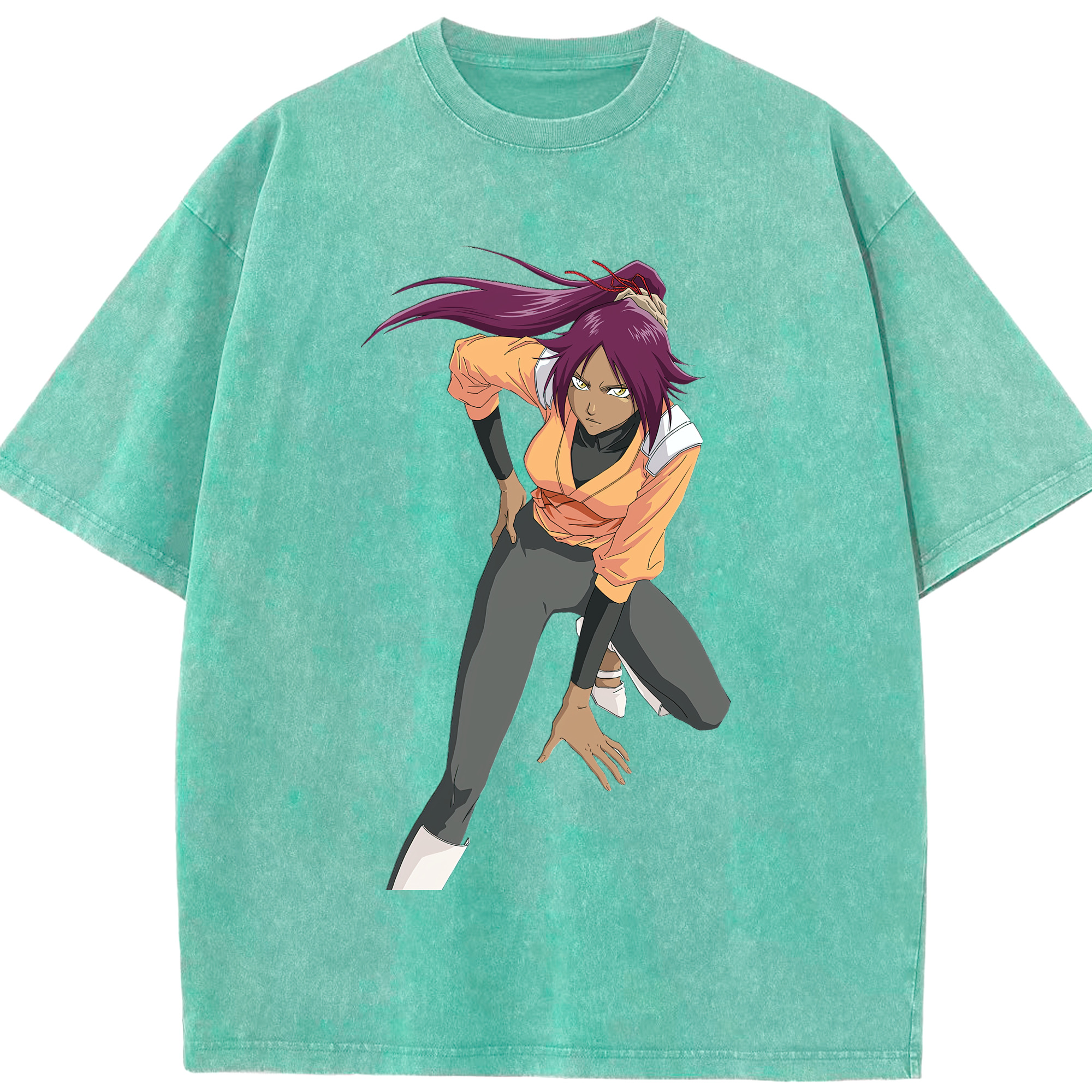 （画像用） ブリーチ 四楓院 夜一（しほういん よるいち） BLEACH Shihouin Yoruichi 綿100% ヴィンテージ風 半袖Tシャツ（フロントプリント）